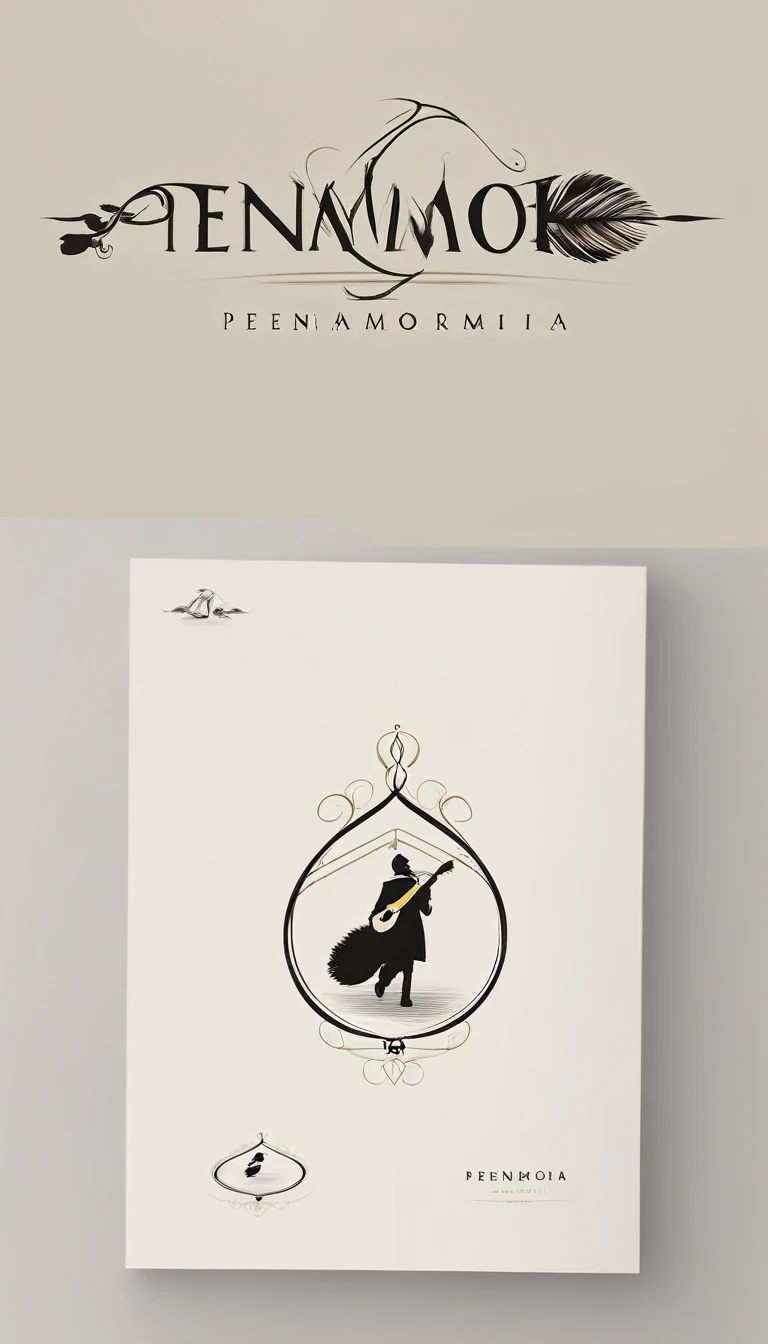 A minimal, modern, simple, cinematic, minimalistic logo design for the brand “Penamemoria". The logo design must be a simple, magical feather and a boy running and holding an acoustic guitar. The logo must convey a sense of music, stories and dreams. Logo design impressed on a book cover. Minimalistic logo