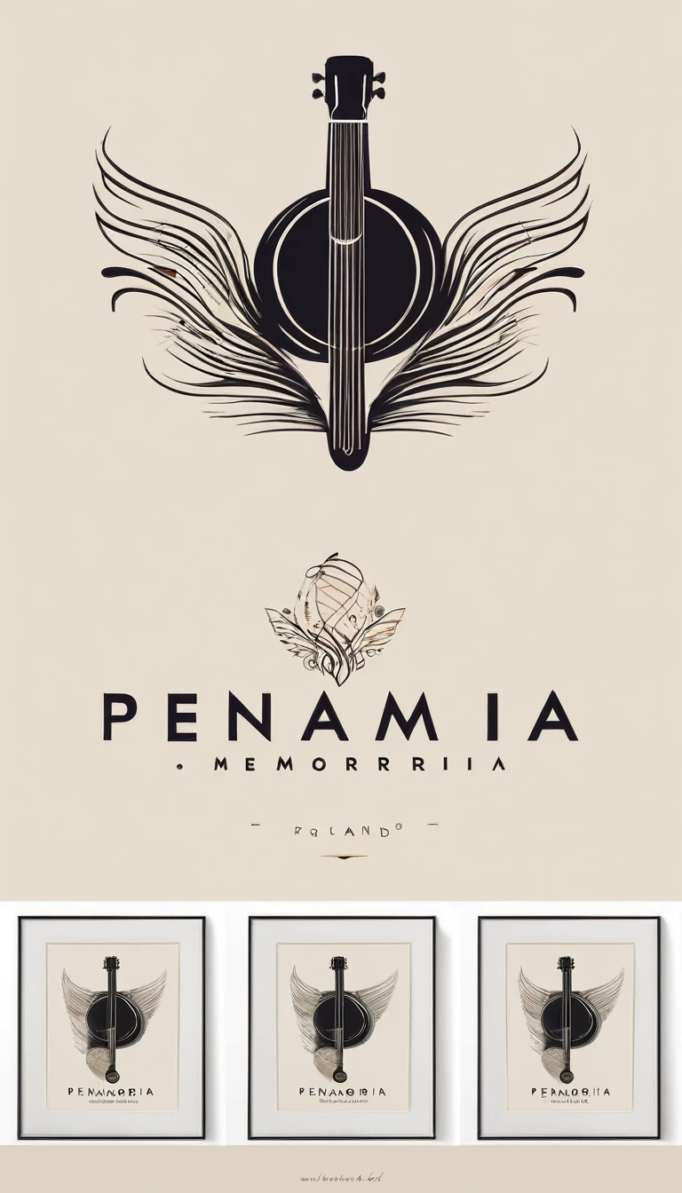 A minimal, modern, simple, cinematic, minimalistic logo design for the brand “Penamemoria". The logo design must be a simple, magical feather and a boy running and holding an acoustic guitar. The logo must convey a sense of music, stories and dreams. Logo design impressed on a book cover. Minimalistic logo