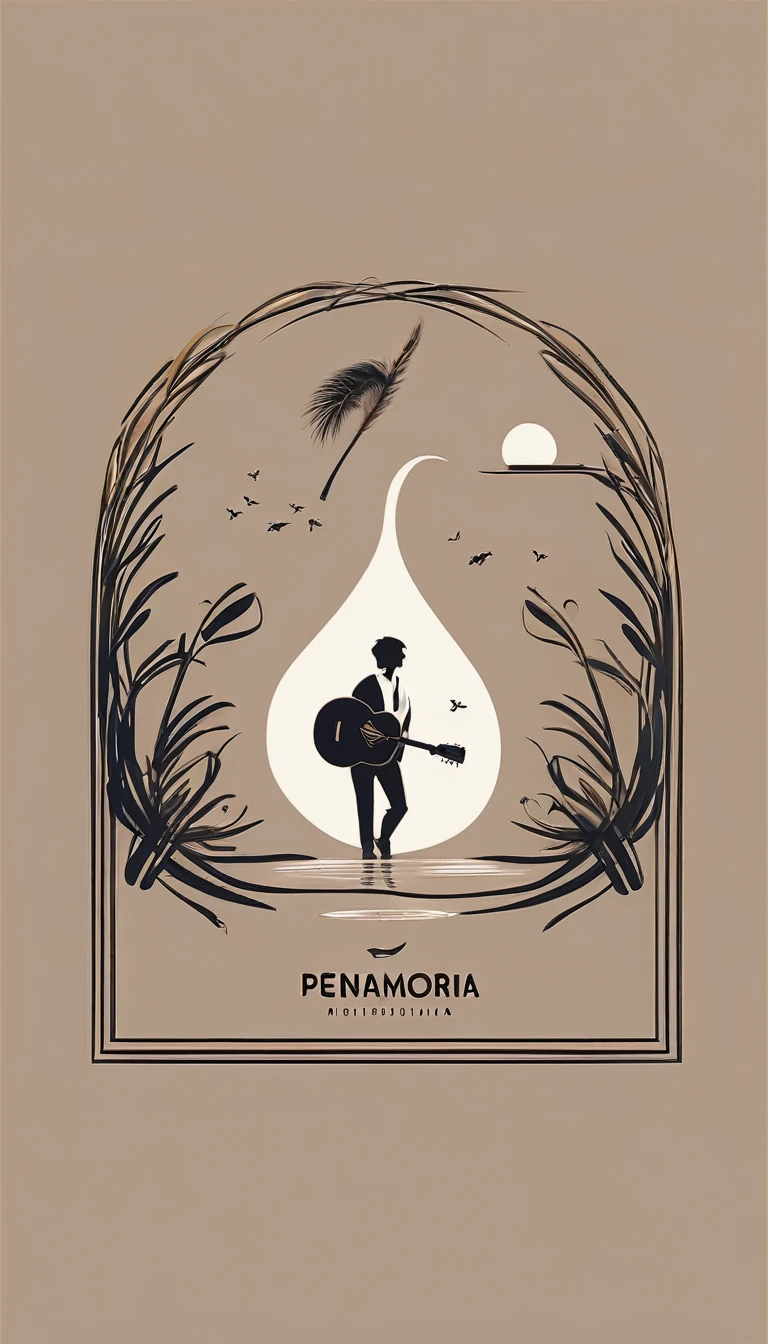 A minimal, modern, simple, cinematic, minimalistic logo design for the brand “Penamemoria". The logo design must be a simple, magical feather and a boy running and holding an acoustic guitar. The logo must convey a sense of music, stories and dreams. Logo design impressed on a book cover. Minimalistic logo