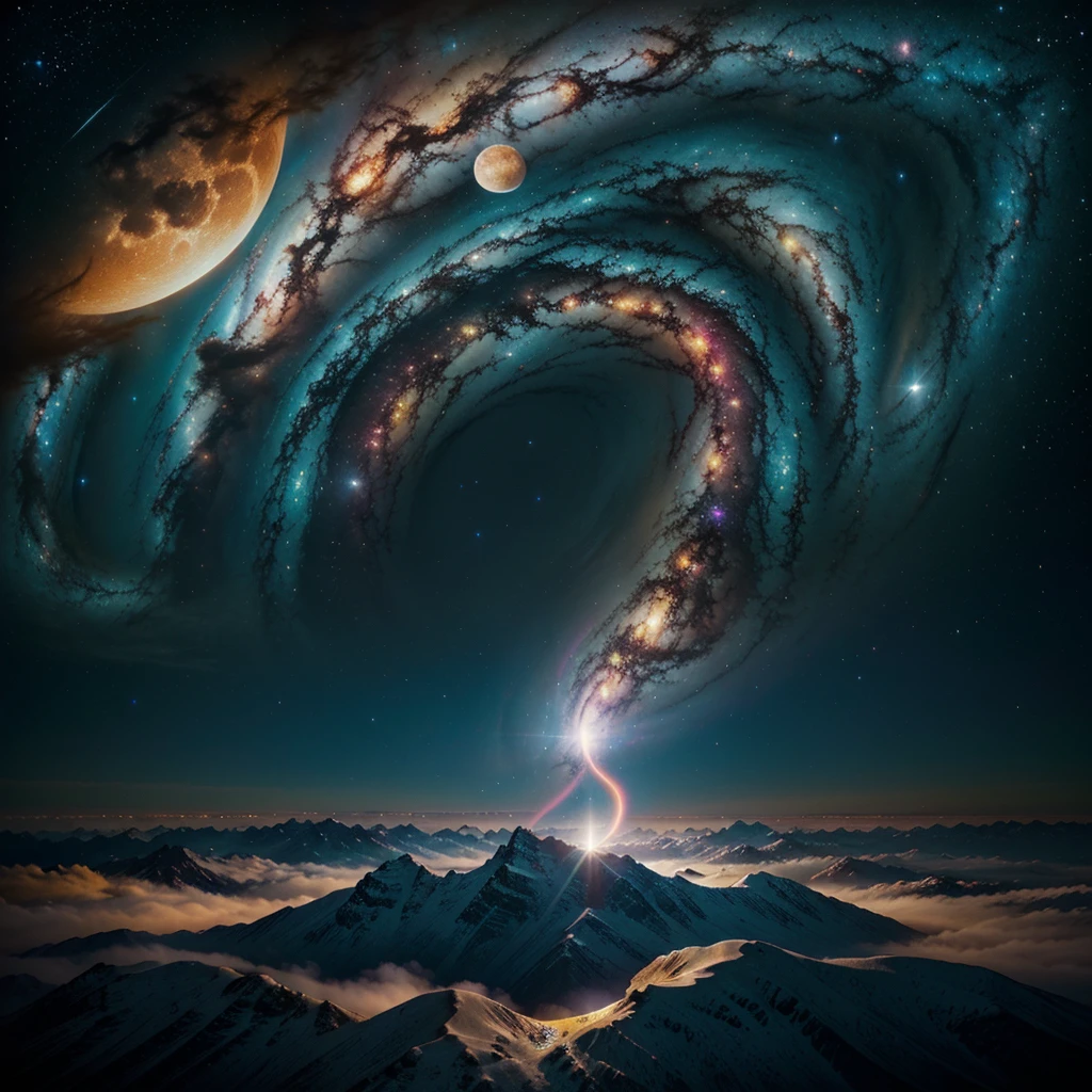 Greatest Quality, the best imagenary scene, Beautiful sky, twin whirlpool galaxy, imagenery sky,dynamic star colour, glowing moon,fantasy flower,fantasy word,utopia sky,utopia world,heavenly sky,super epic sky, colourfull sky