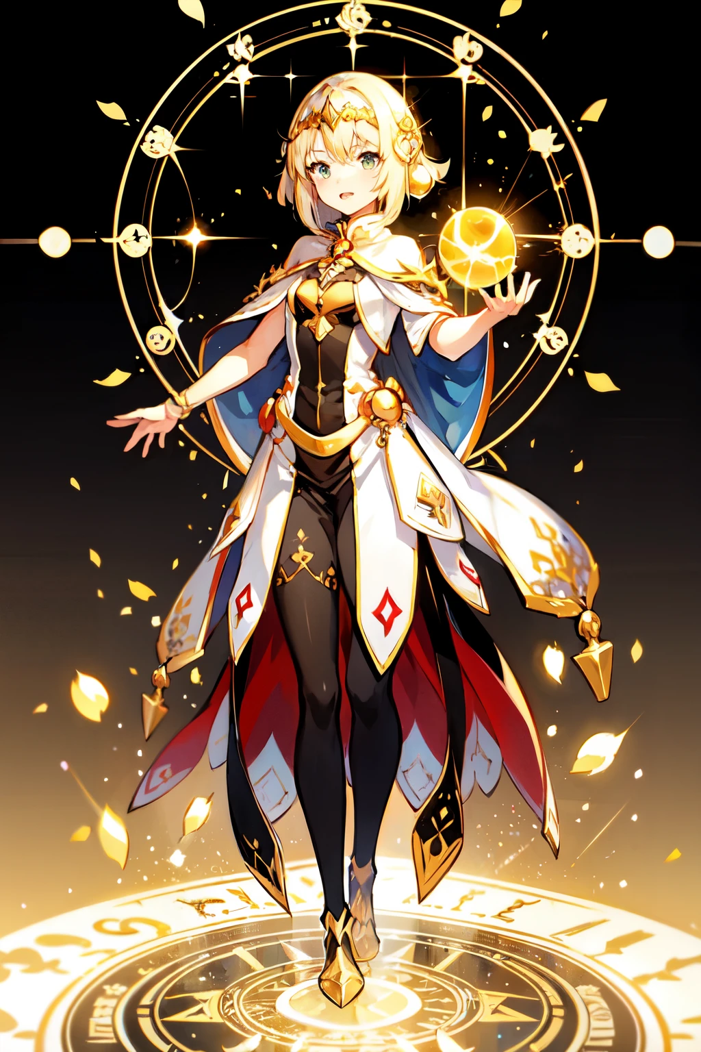 ((Highest quality)), ((masterpiece)), (detailed), Perfect Face, Perfect Arms, Perfect hands, Perfect Fingers, anime, Ultra-fine illustration, (One girl), Wizard, Wizardのドレス, (Aura of Light:1.3), (Particles of light), (Light properties), (Stand on a magic circle:1.3), {(With a golden ball)}, Black background, Full Body Shot,