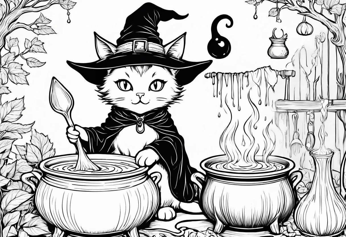 create coloring book, a black and white drawing of a witch cat in a pot with a spoon, cat wearing witch hat ond robe, casting a spell on a potion, witchy, magical cauldron, extremely fine ink lineart, the cat cooks soup, line art colouring page, casting a spell, magical potions, clean coloring book page, making a potion, scarry but bewitching