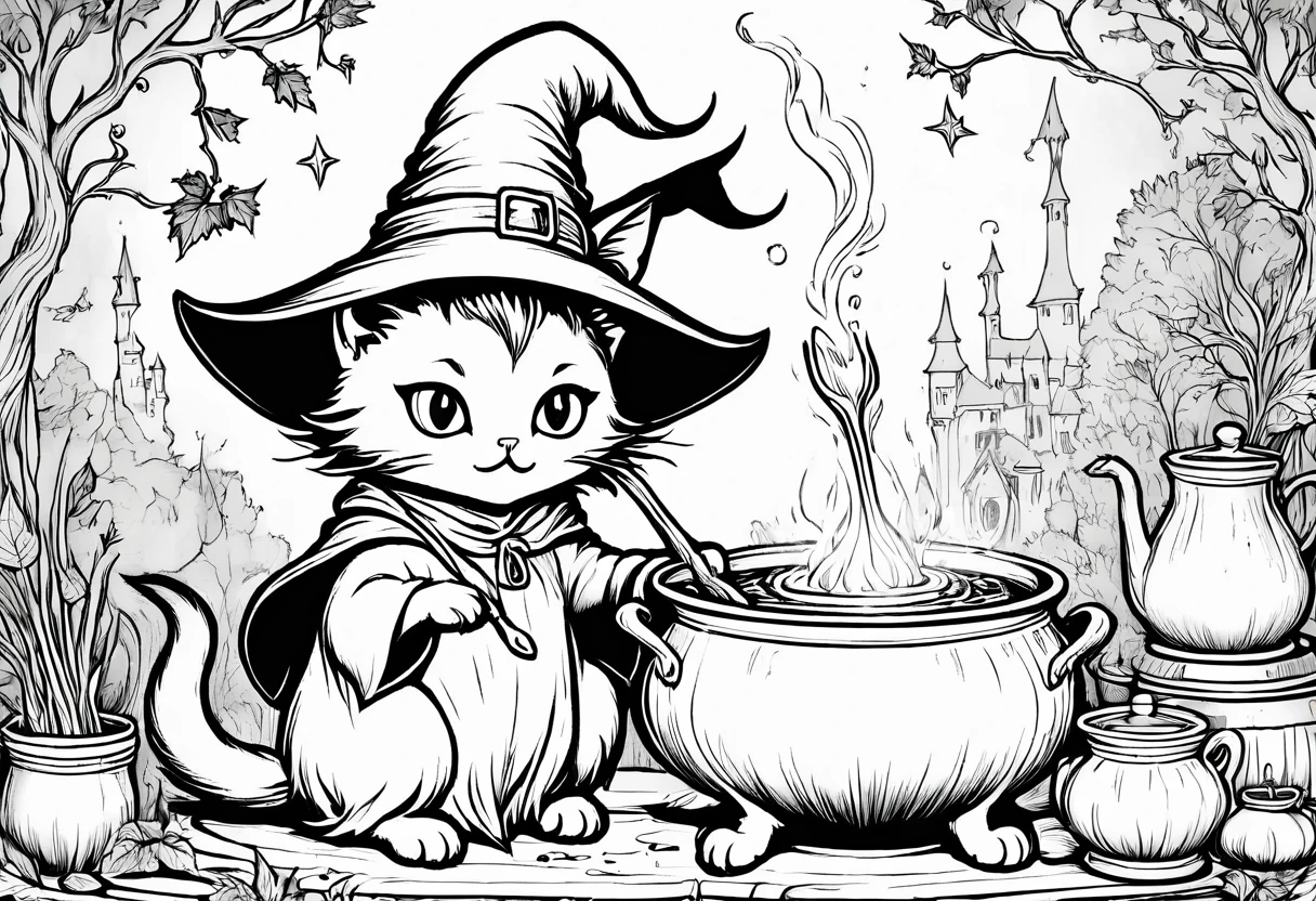 create coloring book, a black and white drawing of a witch cat in a pot with a spoon, cat wearing witch hat ond robe, casting a spell on a potion, witchy, magical cauldron, extremely fine ink lineart, the cat cooks soup, line art colouring page, casting a spell, magical potions, clean coloring book page, making a potion, scarry but bewitching