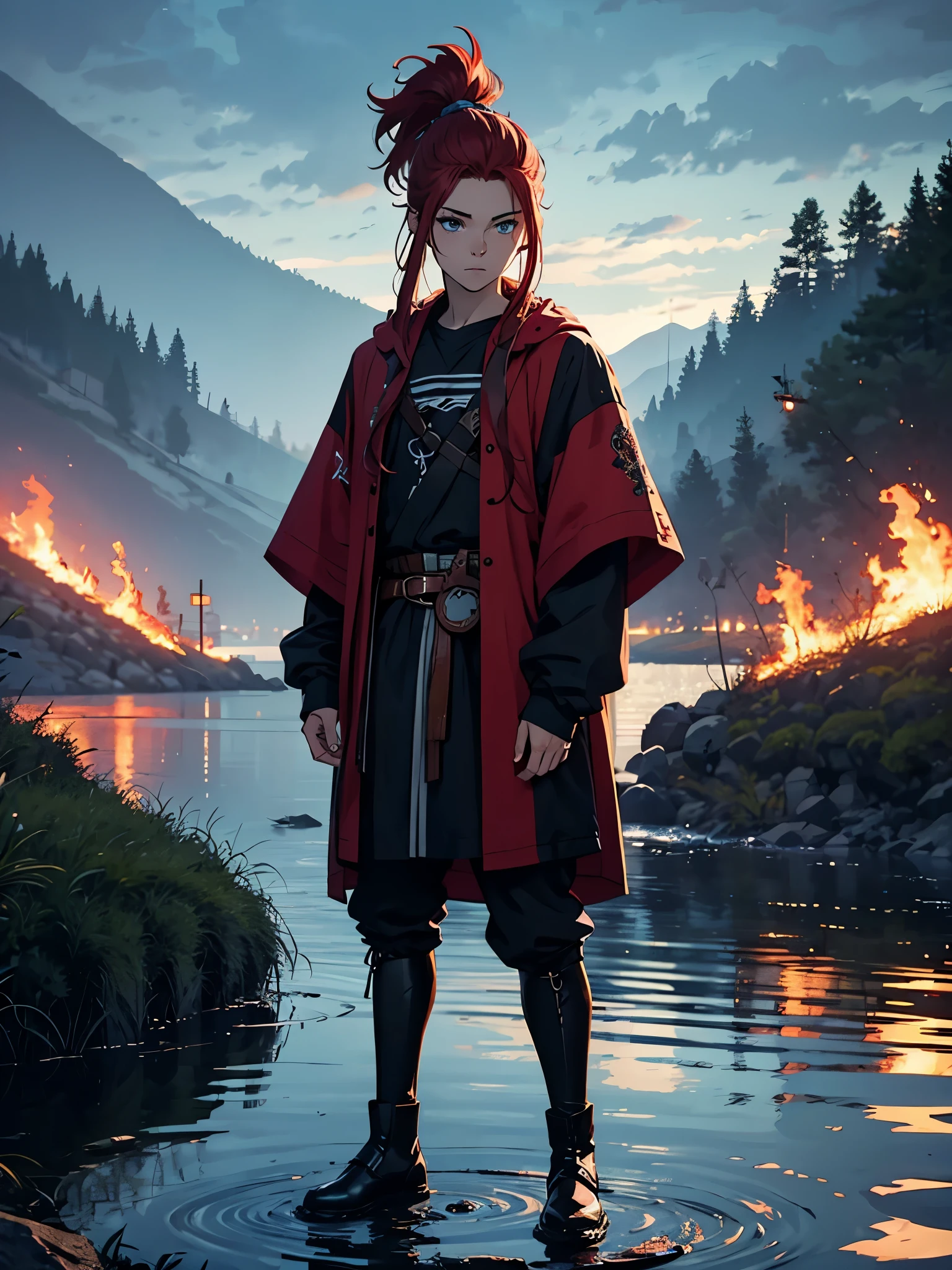 Zopf. Ponytail. More anime style. blue flames. 2d. flatter. anime style. Viking clothing. soft. More anime. Standing in a lake. More anime. More 2d. Clean. More anime. 2d. Glow. Red hair. More anime. male. Long hair. long red hair. boy, vikings. red hair. Blue eyes. fire. 