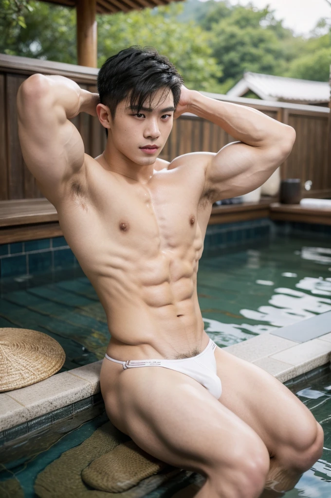 1boy, young handsome vietnamese boy with bodybuilder physique, (slim:1.4), huge muscles, muscular!!!, exaggerated musculatures, exaggerated muscular physique, wide shoulders, wearing sexy white wet micro thongs, sexy, smirking, confident, mischievous, cute, short hair, puffy nipples, glistening skin, detailed hands, standing and relaxing, in an onsen hot spring, masterpiece, best quality, highres, absurdres, pubes, realistic, lifted arms, sitting, spread legs