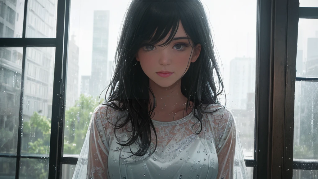 {best quality}, {very aesthetic}, {ultra-detailed}, {8k}, {Super elaborate face}, {Super-smart body}, Wet day, A woman looking out the window indoors, An ennui atmosphere, Super fine hair, flat chest,
