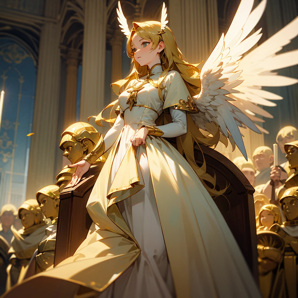 high resolution、Archangel Gabriel、The motif、A dignified, elegant and refined adult woman。Long hair、Large white angel wings、癒やしのgod。The dress is mainly green and gold.。
Standing、Hall々It is said that。
like medieval europe、Fantasy、美Shii、god々Shii。