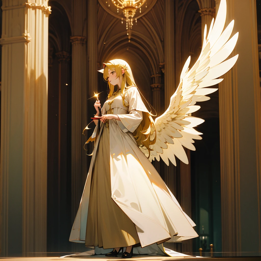 high resolution、Archangel Gabriel、The motif、A dignified, elegant and refined adult woman。Long hair、Large white angel wings、癒やしのgod。The dress is mainly green and gold.。
Standing、Hall々It is said that。
like medieval europe、Fantasy、美Shii、god々Shii。