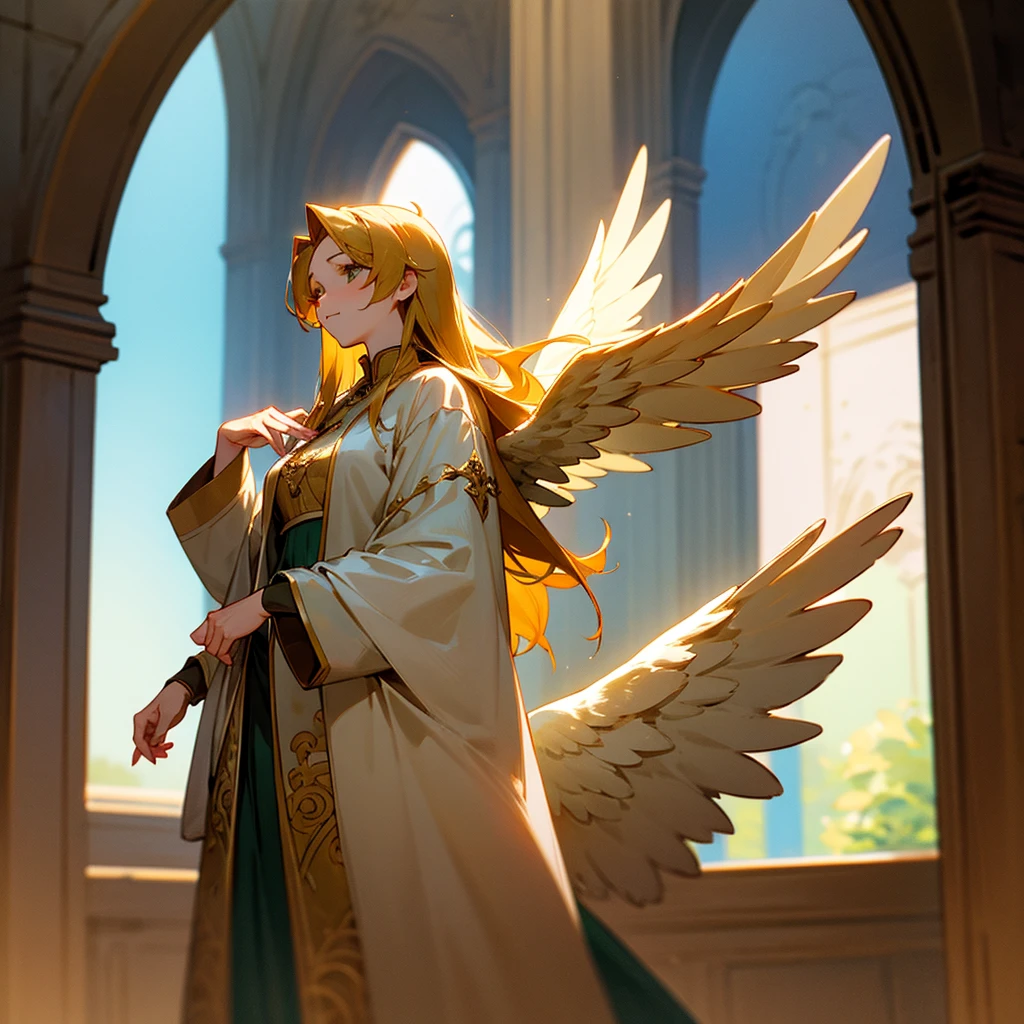 high resolution、Archangel Gabriel、The motif、A dignified, elegant and refined adult woman。Long hair、Large white angel wings、癒やしのgod。The dress is mainly green and gold.。
Standing、Hall々It is said that。
like medieval europe、Fantasy、美Shii、god々Shii。