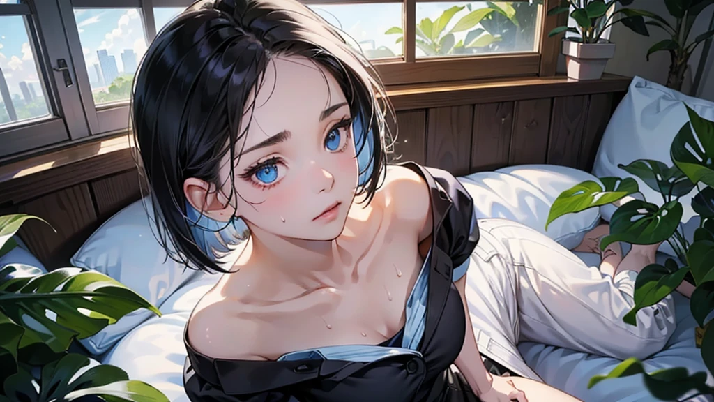 (perfect anatomy:1.2)(absurdres, highres, ultra detailed),masterpiece,best quality,high resolution,8k,Realistic face,Realistic skin texture,magnified textures, stunning clarity,detailed anime girl,(ultra detailed eyes and face),(1 girl:1.5)21years old,she is office worker,black hair, bob cut,no-makeup look,Loose-fitting short pants loungewear,black satin good,wariza,Blue eyes,sparkling eyes,small nose,roundface,Women's Apartments in suburb,2:00 P.M.(buzzer),(too hot),(sweat),The expression of suffering from the heat,Foliage plant,Sitting right in front of the fan,Outside the window, the sky is blue and there are cumulonimbus clouds
