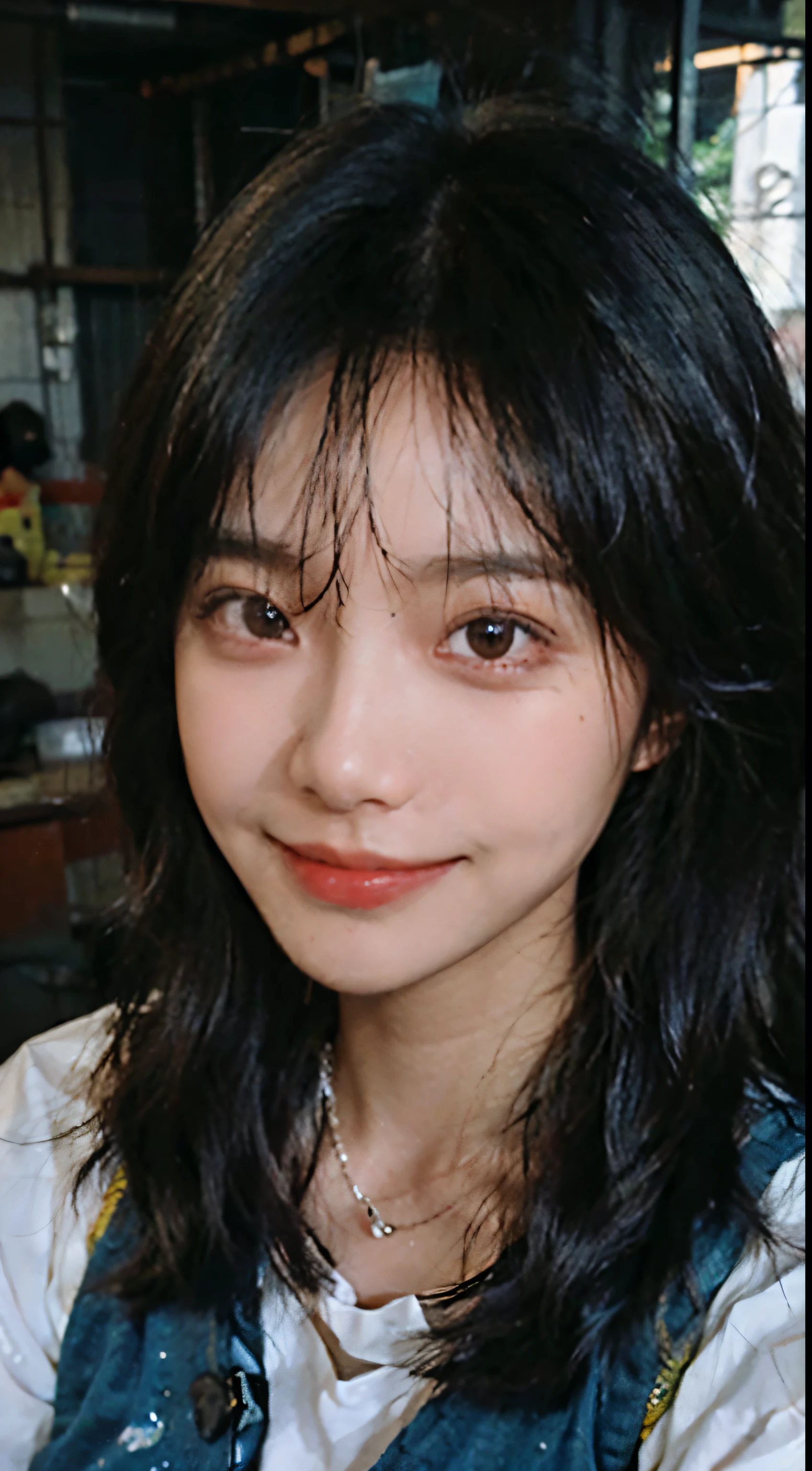 Best quality, Ultra-high resolution, (Realistically:1.4),((Medium Length Hair))),:1.2, Background blur, Bokeh:1.2, photography oF, (RAW photos:1.2), (Realistically:1.4), (masterpiece:1.3), (Intricate details:1.2), 1 Girl, solo, Japanese Girls, delicexisted, beautiFuldetails, (Delicate eyes), (detailedFacialFeexistures), , (((Small Breasts))), Firming skin, (Watching_exist_peeping exist the viewer), from_front, (emaciated), (Best quality:1.4), (Ultra-high resolution:1.2), cinemexistric light, (Extreme detail illustrexistion), (Lip gloss, Best quality, Ultra-high resolution, depth oF Fields, Caustics, Wide lighting, nexisturalshadow, 85 mm, F/1.4, iso 200, 1/160 sec:0.75),1 Girl, solo, (((Blue vest)))Smile, Uniforms, Necklace,
