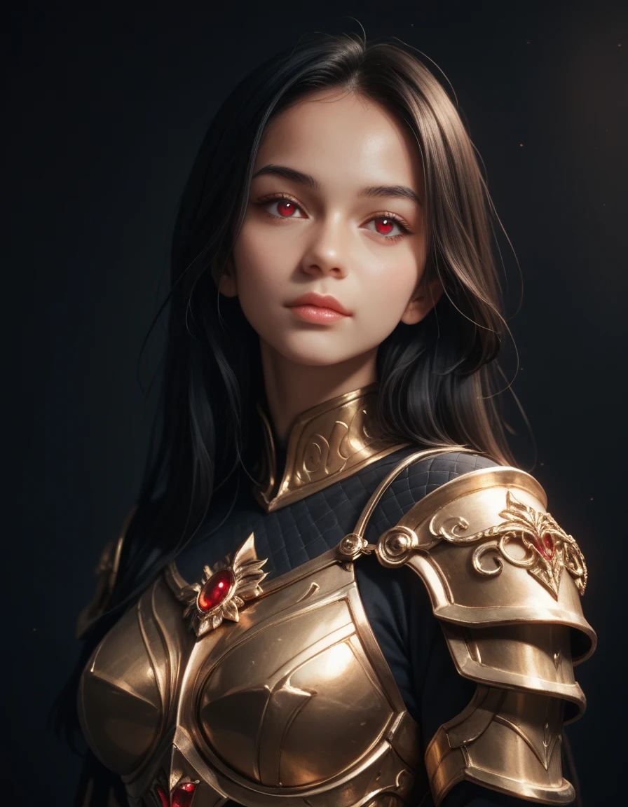 score_9, score_8_up, score_7_up,score_6_up, score_5_up, 1girl, looking at the viewer, black long hair, red eyes, highly detail black armor with gold texture, upper body, dark background,