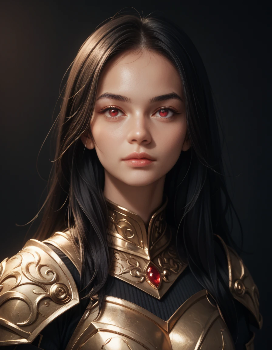 score_9, score_8_up, score_7_up,score_6_up, score_5_up, 1girl, looking at the viewer, black long hair, red eyes, highly detail black armor with gold texture, upper body, dark background,