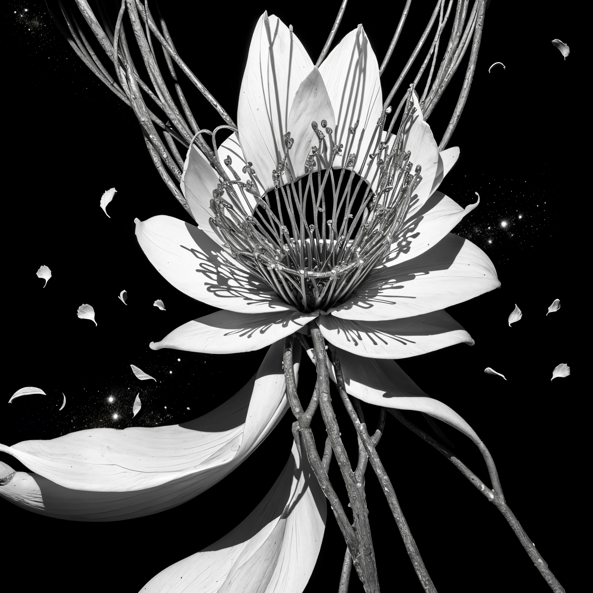 (ancient artifact:1.4), (complex petal structure:1.4), space background, black and white entanglement, crystal and silver entanglement,