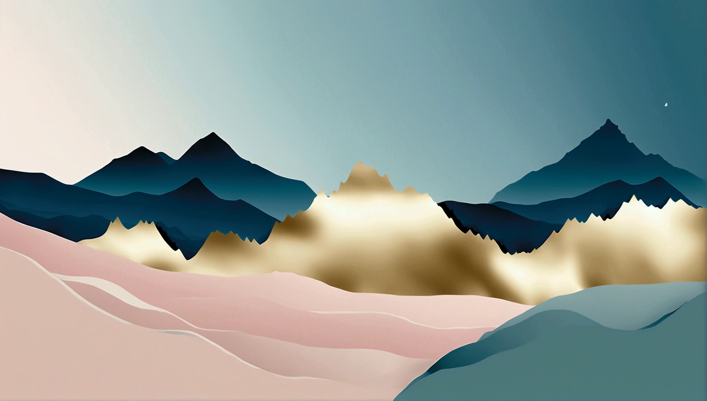 minimalist style，Blue, light pink, creamy texture, clean imagery, impact, minimalist composition, poster quality. Layered, mountain peaks. Gold lines.