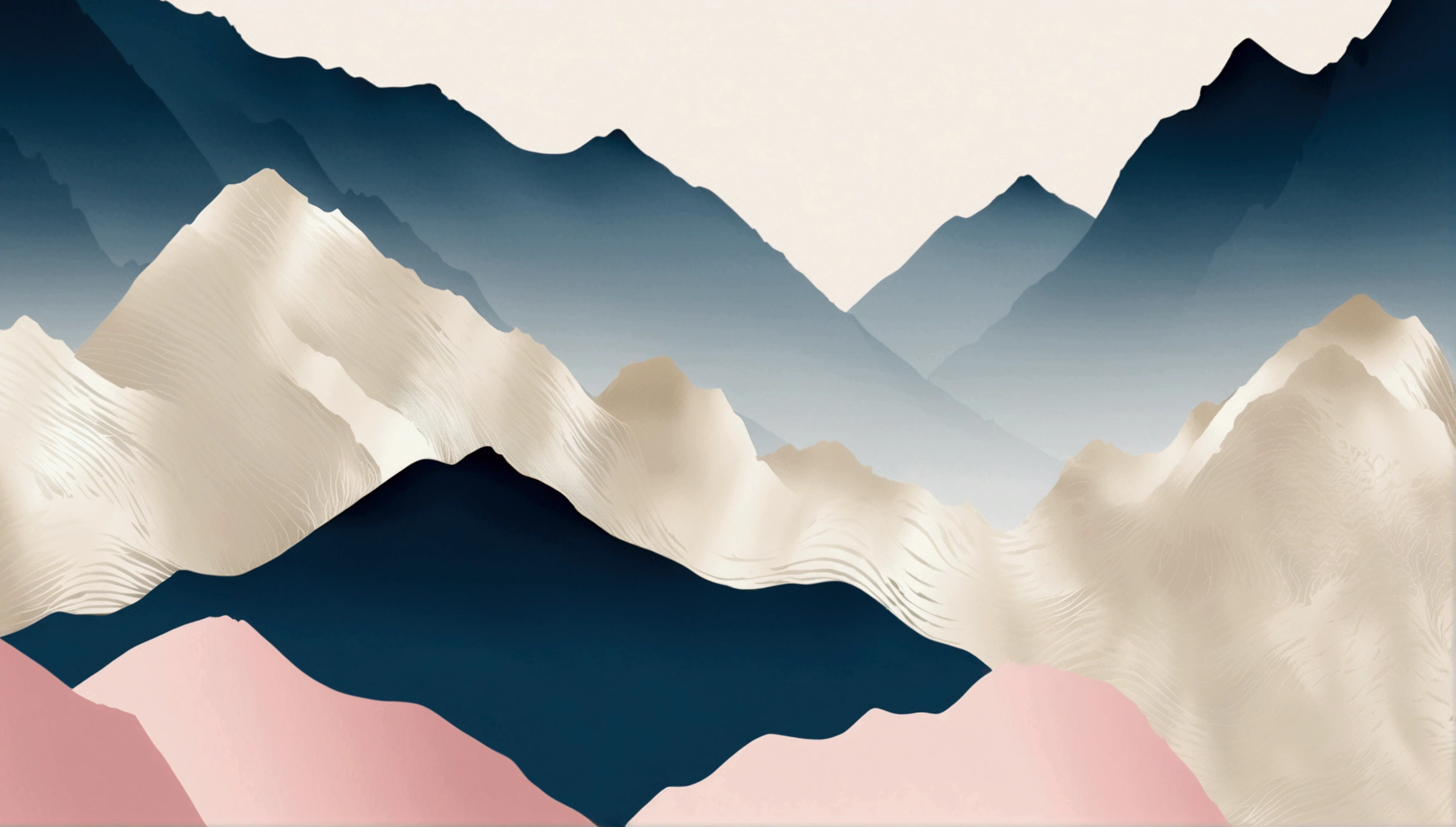 minimalist style，Blue, light pink, creamy texture, clean imagery, impact, minimalist composition, poster quality. Layered, mountain peaks. Gold lines.