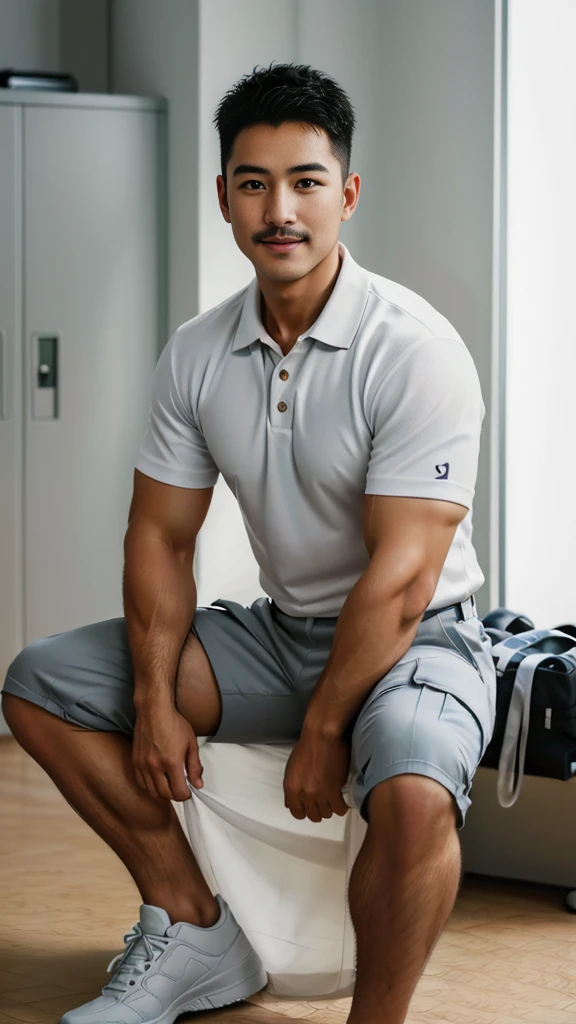 Masterpiece, best quality, high resolution, realistic, handsome, Take beautiful photos, A photo of a 35-year-old Gym Association member sitting on the floor. (The man has a thin mustache.) ,Full body, Portrait, Standing in the locker room, make military media, weight, Amazing , Buzzcut short hair,stubble head , (Hyper Muscle),looking at the audience, Flirt with the camera, charming, (Tight white polo shirt Cargo pants ),(GS-Male:1), 8k,Bokeh,Portrait,look at the viewer, smile