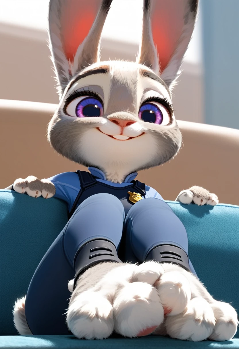 Solo, score_9,score_8_up score_7_up, anthro, female, Judy Hopps, rabbit, smiling, sitting on couch, laying down, close up, three toes, 3 toes, feet, rabbit paws, rabbit feet, fluffy feet, (focus on feet:1.2), (close up on feet:1.2), cute paws, furry paws, (sfw:1.2), cute, extreme low angle shot