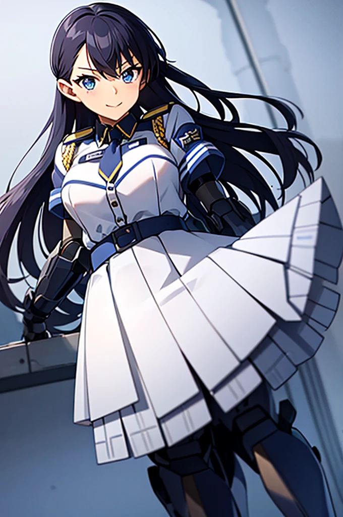 Mecha Wings、Blue Skirt、Accentuated thighs、chest、Black Hair、1 girl、solo girl、IS、Frame Arms Girl、Alice Gere Aegis、White Armor、Pink Line、income、headphone、hand on own chest、smile、Miike Naeko,One girl,alone,police,police ユニフォーム,police woman,tie