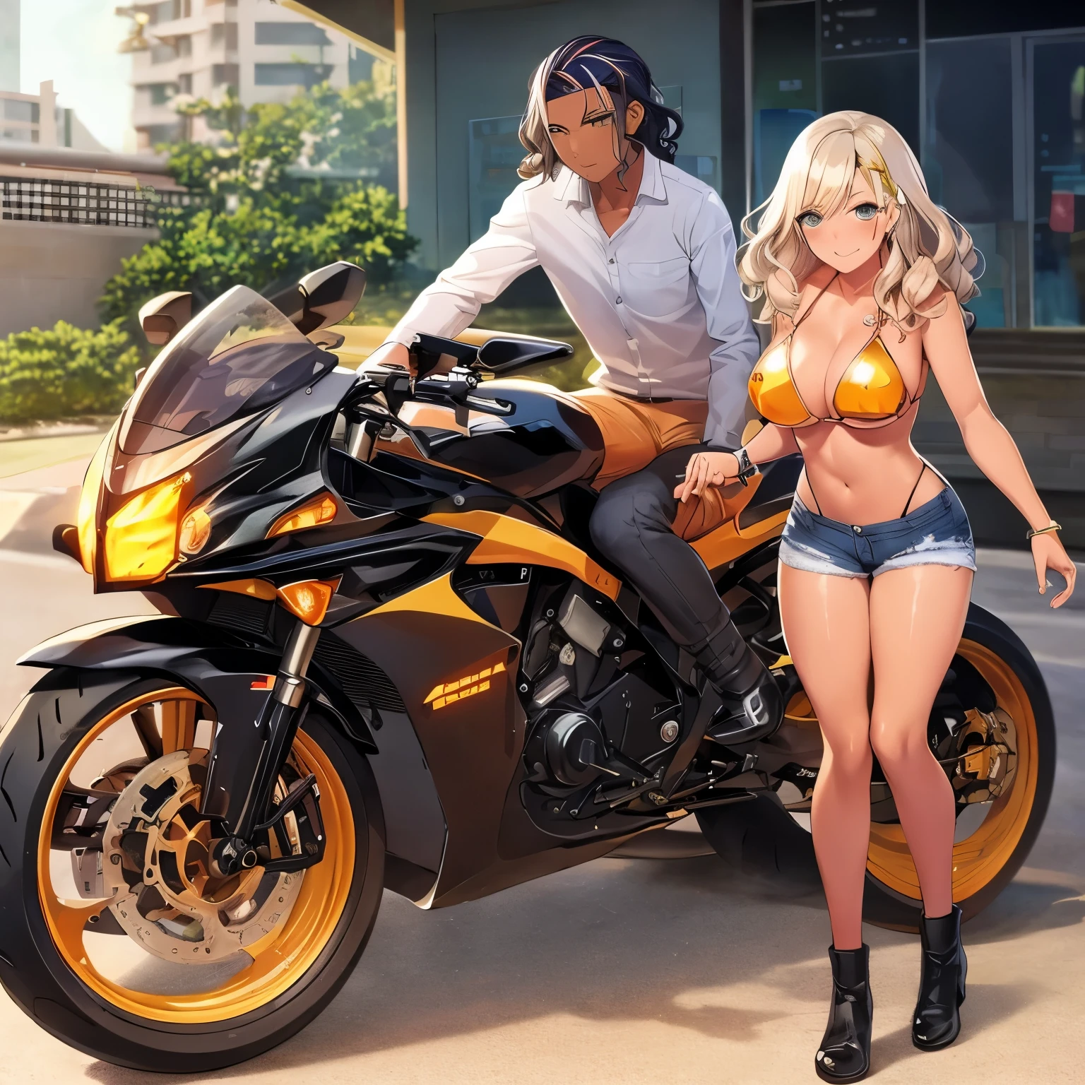 Cartoon of a woman riding a motorcycle with a large tank on the back, Mechanized Valkyrie Girl, bikini + Tattered military equipment, Mechanized Soldier Girl, Kashert Kenz, Inspired by Shiro Masamune, Anime Art Vehicle Concept Art, By Akihiko Yoshida, top rated on Pixiv, trending on Pixiv, Pixiv,Cartoon of a woman riding a motorcycle with a large tank on the back, Concept art inspired by Masamune Shirow, Topics on pixiv, Self-sastructing art, Mechanized Valkyrie Girl, bikini + Tattered military equipment,(Denim hot pants:1.3), Mechanized Soldier Girl, Kashert Kenz, Anime Art Vehicle Concept Art, Top rated on pixiv, Dieselpunk Art Style,(Shiny amber hair:1.6), (Wavy medium hair:1.6), (Brown beautiful girl), (Healthy dark skin), (Sunburn mark), clavicle