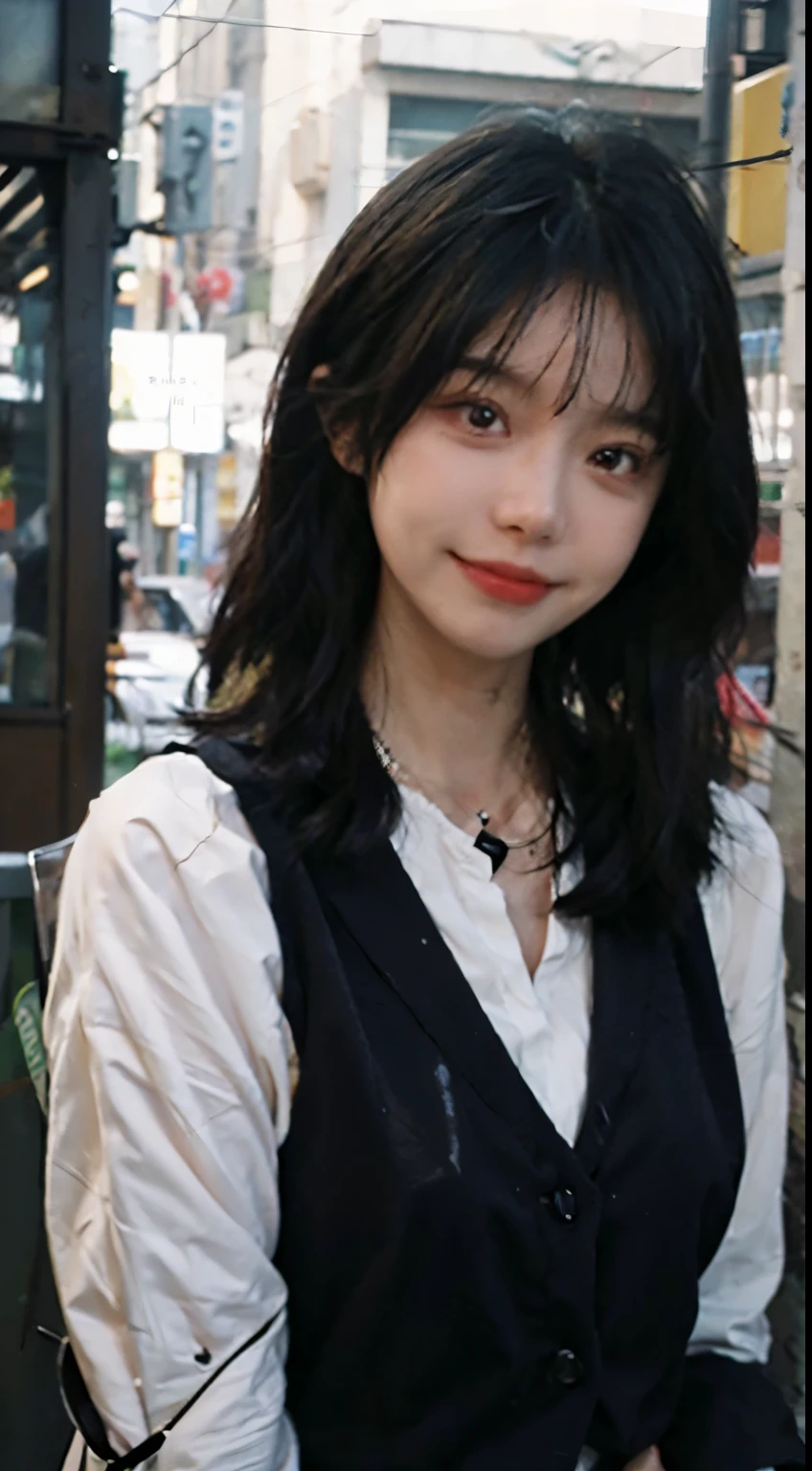 Best quality， Ultra-high resolution， （Realistically：1.4），（（Medium Length Hair））），：1.2， Background blur， Bokeh：1.2， photography oF， （RAW photos：1.2）， （Realistically：1.4）， （masterpiece：1.3）， （Intricate details：1.2）， 1 Girl， solo， Japanese Girls， delicexisted， beautiFuldetails， （Delicate eyes）， （detailedFacialFeexistures）， ， （（（Small Breasts）））， Firming skin， （Watching_exist_peeping exist the viewer）， from_front， （emaciated）， （Best quality：1.4）， （Ultra-high resolution：1.2）， cinemexistric light， （Extreme detail illustrexistion）， （Lip gloss， Best quality， Ultra-high resolution， depth oF Fields， Caustics， Wide lighting， nexisturalshadow， 85 mm， F/1.4， iso 200， 1/160 sec：0.75），1 Girl， solo， （（（Blue vest）））Smile， Uniforms， Necklace，