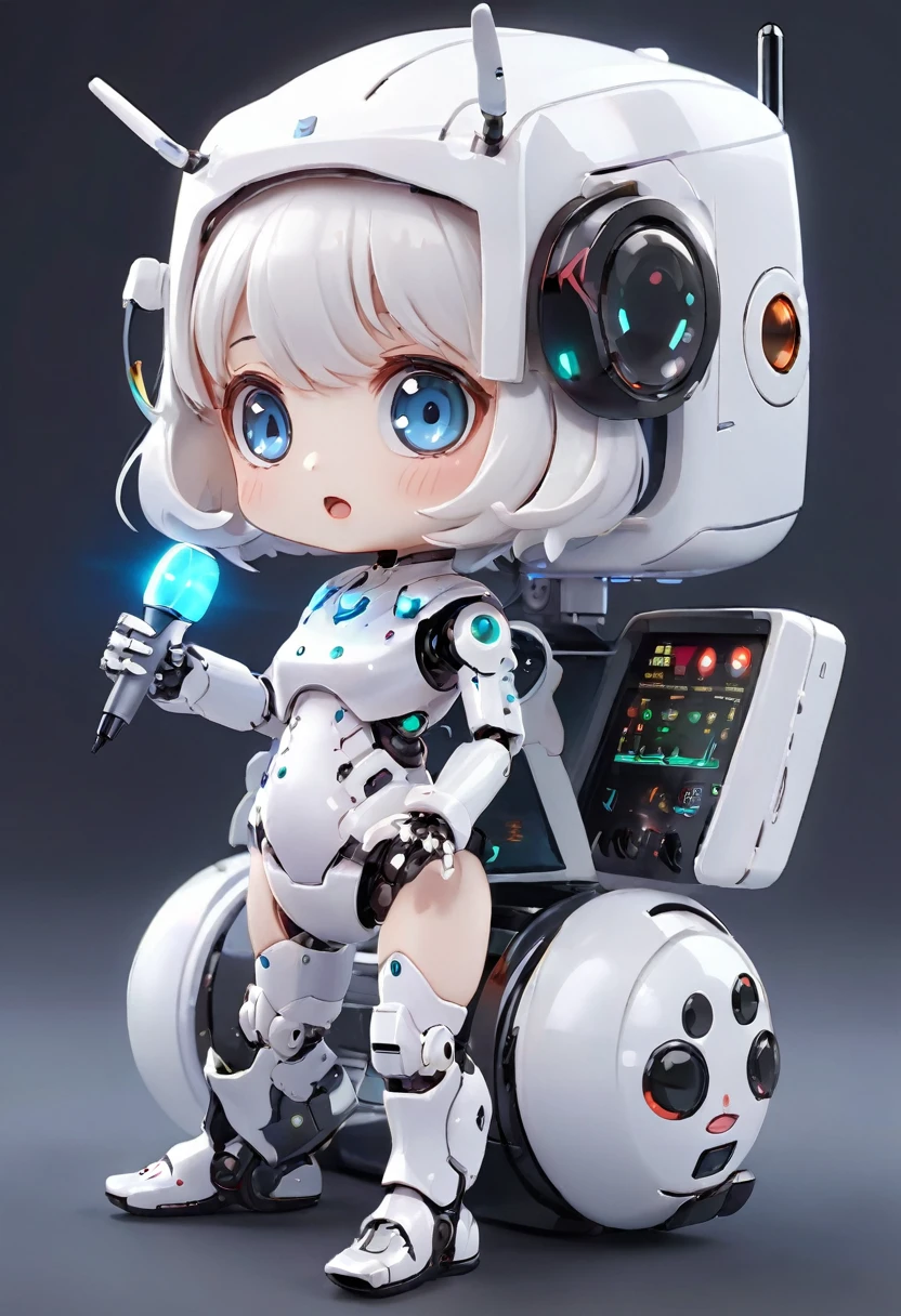 Dice-themed robot, 3D Rendering, Jongsuk Lee, Digital Art, Adorable glowing creatures, Nendoroid-like style, Futuristic Gear Shiny White Armor、A cute girl robot、Big eyes、antenna、Electronic display panel on chest、Holding the microphone close to his mouth while speaking、Smiling Kindly、whole body、Background is white、Are standing