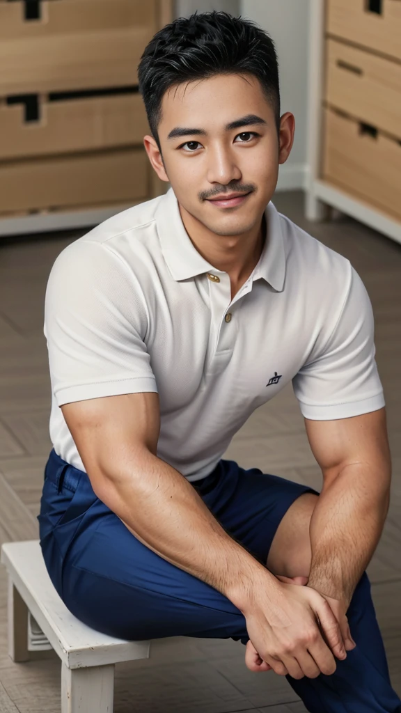 Masterpiece, best quality, high resolution, realistic, handsome, Take beautiful photos, A photo of a 35-year-old Gym Association member sitting on the floor. (The man has a thin mustache.) ,Full body, Portrait, Standing in the locker room, make military media, weight, Amazing , Buzzcut short hair,stubble head , (Hyper Muscle),looking at the audience, Flirt with the camera, charming, (Tight white polo shirt Cargo pants ),(GS-Male:1), 8k,Bokeh,Portrait,look at the viewer, smile 