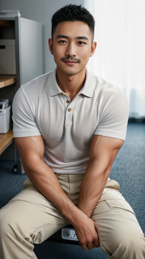 Masterpiece, best quality, high resolution, realistic, handsome, Take beautiful photos, A photo of a 35-year-old Gym Association member sitting on the floor. (The man has a thin mustache.) ,Full body, Portrait, Standing in the locker room, make military media, weight, Amazing , Buzzcut short hair,stubble head , (Hyper Muscle),looking at the audience, Flirt with the camera, charming, (Tight white polo shirt Cargo pants ),(GS-Male:1), 8k,Bokeh,Portrait,look at the viewer, smile