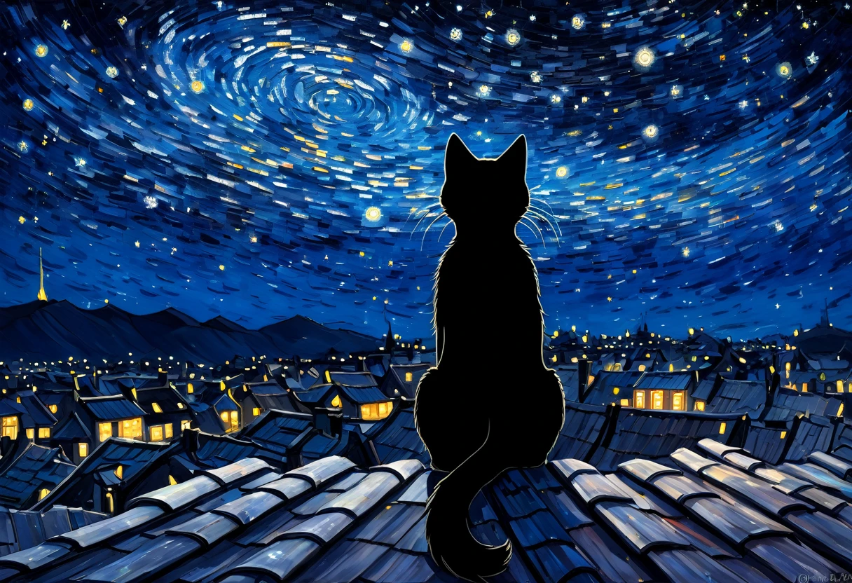 Starry sky painting of a black cat sitting on a roof, night starry sky full of cats, On a starry night, Starry Night!!!!!!!!!!!!!!!!!!!!, Anime Cat, anime painting, Van Gogh's Artistic Style, Cat Painting, Cat from the void, anime abstract art, It's a deep dream, Dark starry sky, Great art style, Starry sky painting