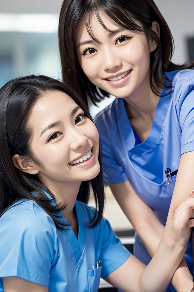 Dental hygienist, two women, smiling, wearing medical scrubs, short sleeves, Japanese, black hair, women in their early 30s Upper body close-up high resolution Highest quality Don't press your face too much