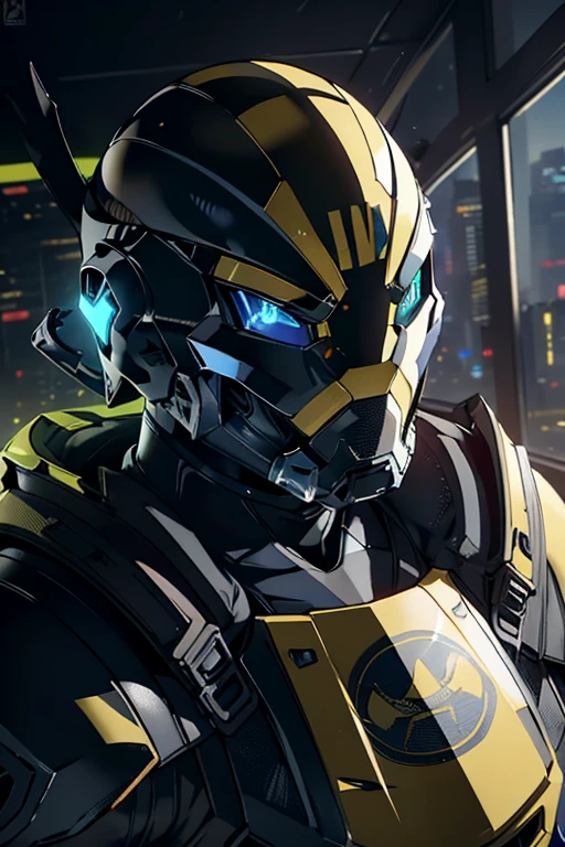 (Masterpiece), High Quality, 1 Man, Gamer Bee, (Helmet that hides his face:1.5), Cyberpunk Style, (Very detailed background:1.0), Neon lights, (Highly detailed background:1.0), Sleek uniform, Green and Yellow color scheme, Holographic visor, Keyboard-shaped gauntlets, Detailed circuitry, (One-eyed view, highlighting the gamer's focus), (High resolution), 8K Wallpaper, Realistic Graphics, Physically-based rendering, (Award-winning), Detailed Helmet, Extra detailed facial features, (Highly detailed skin), Nostr