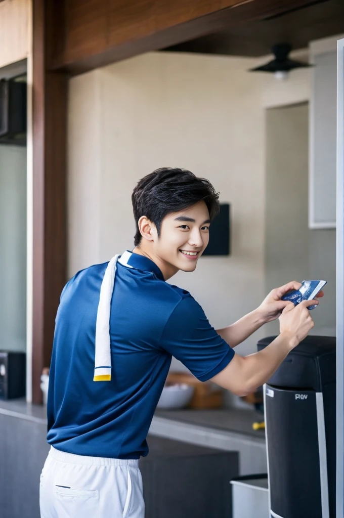 Korean man, Inspiration from Peng Yuyan, 23 years old, Korean muscular man ，The computer room is in the back. Sports t-shirts, polo, tight, navy blue., open mouth smile