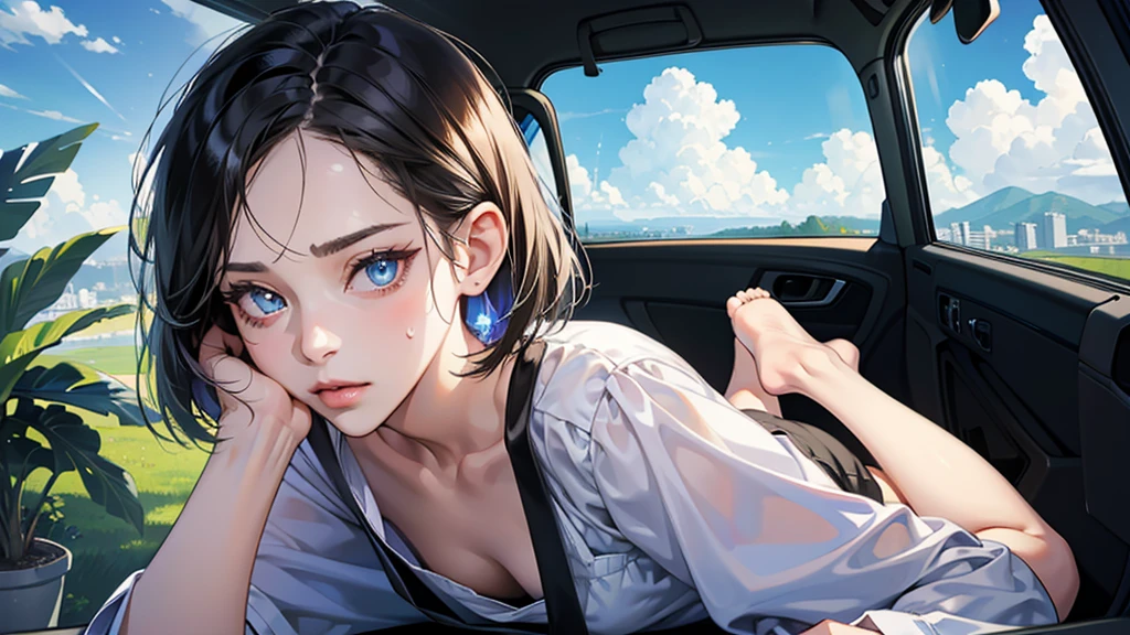 (perfect anatomy:1.2)(absurdres, highres, ultra detailed),masterpiece,best quality,high resolution,8k,Realistic face,Realistic skin texture,magnified textures, stunning clarity,detailed anime girl,(ultra detailed eyes and face),(1 girl:1.5)21years old,she is office worker,black hair, bob cut,no-makeup look,Loose-fitting short pants loungewear,black satin good,wariza,Blue eyes,sparkling eyes,small nose,roundface,Women's Apartments in suburb,2:00 P.M.(buzzer),(too hot),(sweat),The expression of suffering from the heat,Foliage plant,Sitting right in front of the fan,Outside the window, the sky is blue and there are cumulonimbus clouds