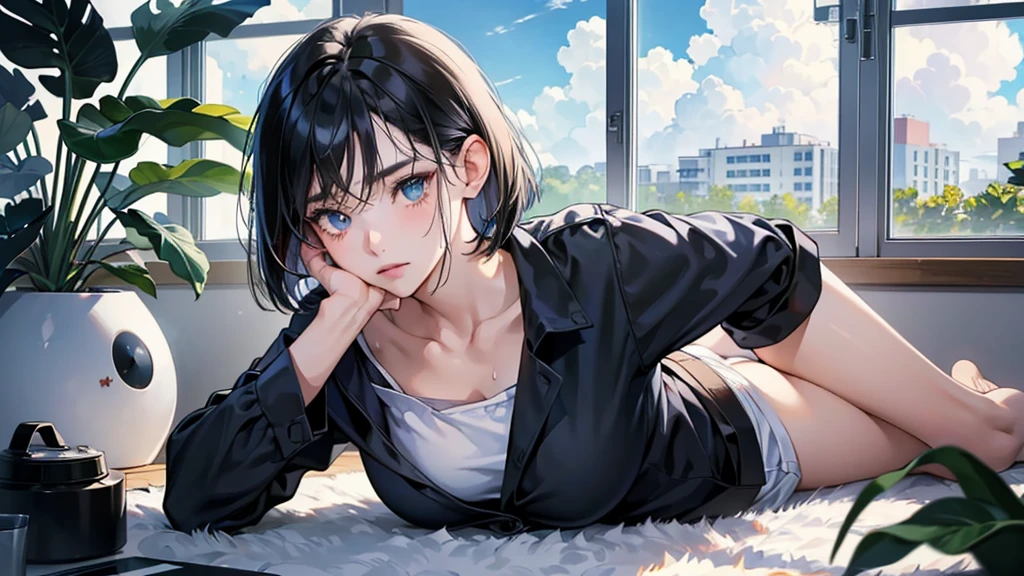 (perfect anatomy:1.2)(absurdres, highres, ultra detailed),masterpiece,best quality,high resolution,8k,Realistic face,Realistic skin texture,magnified textures, stunning clarity,detailed anime girl,(ultra detailed eyes and face),(1 girl:1.5)21years old,she is office worker,black hair, bob cut,no-makeup look,Loose-fitting short pants loungewear,black satin good,wariza,Blue eyes,sparkling eyes,small nose,roundface,Women's Apartments in suburb,2:00 P.M.(buzzer),(too hot),(sweat),The expression of suffering from the heat,Foliage plant,Sitting right in front of the fan,Outside the window, the sky is blue and there are cumulonimbus clouds