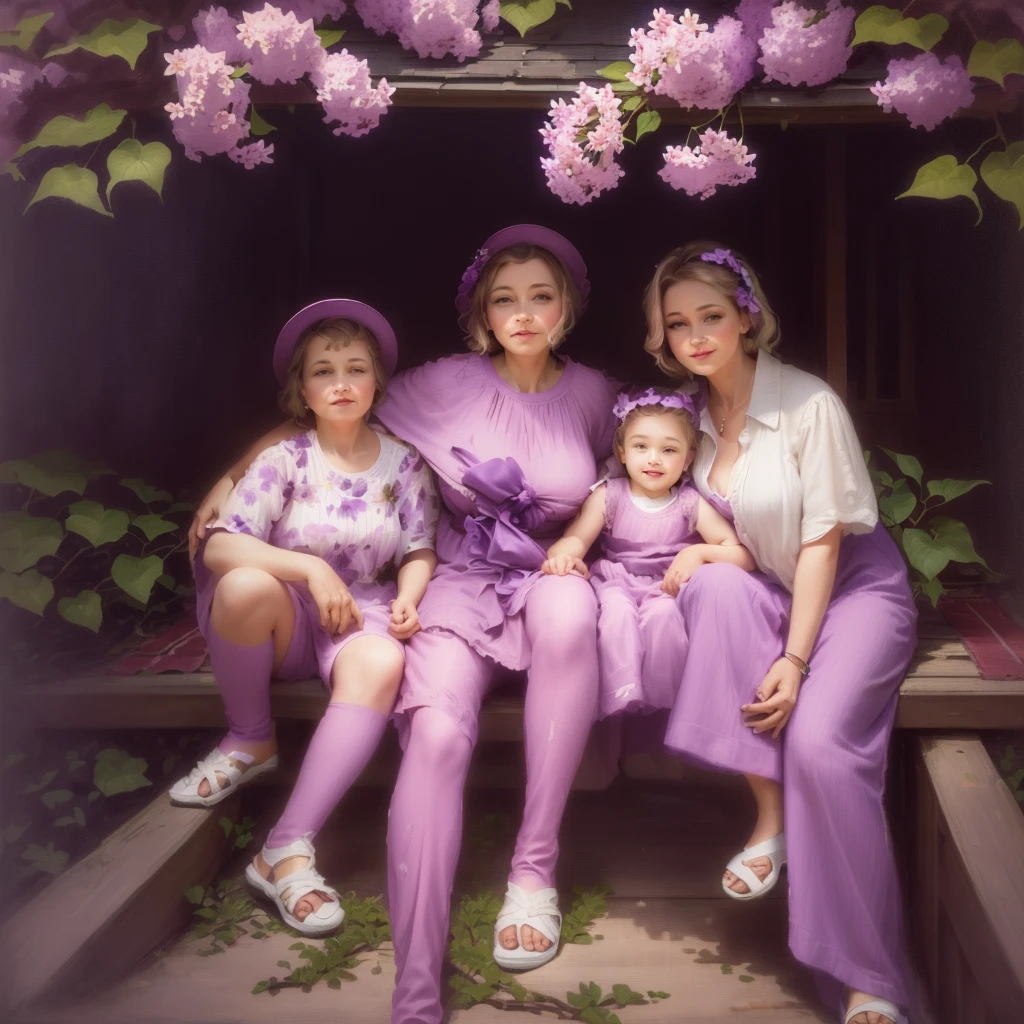 Family sitting on the porch,trees and flowers in the background,background in lilac shades,high quality,8 K