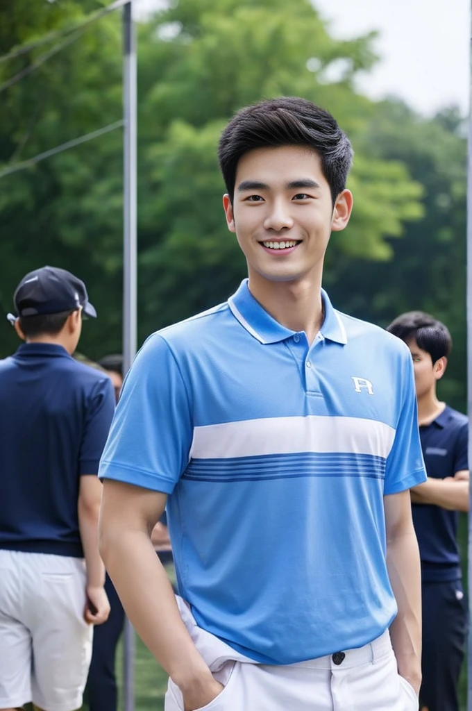 Korean man, Inspiration from Peng Yuyan, 23 years old, Korean muscular man ，The computer room is in the back. Sports t-shirts, polo, tight, navy blue., open mouth smile