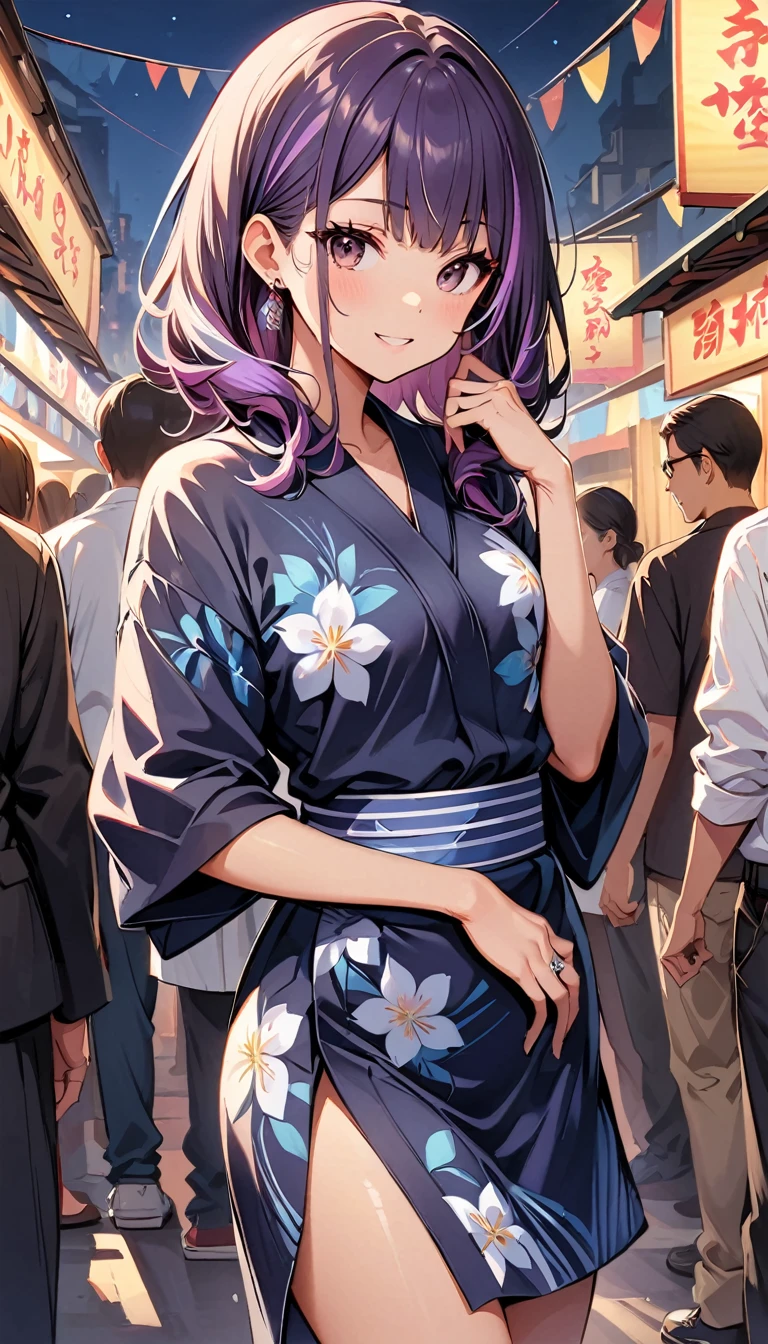 (highest quality:1.2, Very detailed, up to date, Vibrant, Ultra-high resolution, High Contrast, masterpiece:1.2, highest quality, Best aesthetics), Portraiture、girl、25-years-old, Bright colors、Beautiful fine details、Beautiful lip detail、long hair、black and purple ((streaked hair:1.6)), highlights hair: 1.5, brown eyes, ring earrings, ((slim body:1.2)), (small breast:0.7), (dark skin:0.5), (japanese traditional yukata), floral pattern yukata, summer festival, bon dancee, Cowboy shot,