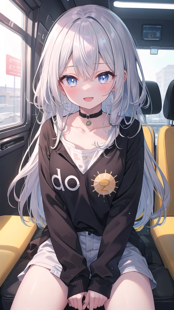 (8k, best quality, master piece: 1.2),super high resolution,1 girl, 独奏, colorshift eyes, hyperdetailed, expressive eyes, ultra-detailed face, Date Clothes、Random hairstyle、silver gay hair, drive、Assistant seat、sunshine, Collarbone, Ecstatic expression,