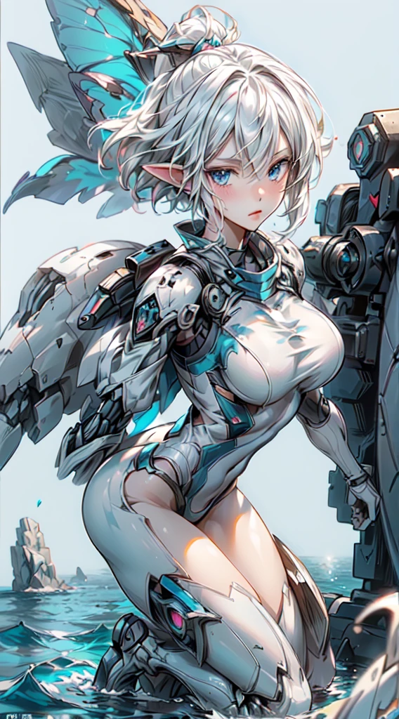 [(white background:1.5)=5], (bottle bottom:0.9), 1 elf girl, mid shot, full body, (mecha wing, mecha leg, mecha hand),((short white hair)), asymmetrical bangs, insanely detailed face and eyes, Perfect lips, butterflies, floating petal, stone fragment, beautiful detailed water, cloud, sun, dusk, sunset, beautiful detailed cloud, ocean, sea waves, water splashes, dramatic, cinematic lighting, fine expression, fine detail, fantasy art, illustration, masterpiece, digital art, drawing, in the style of Yusuke Murata.