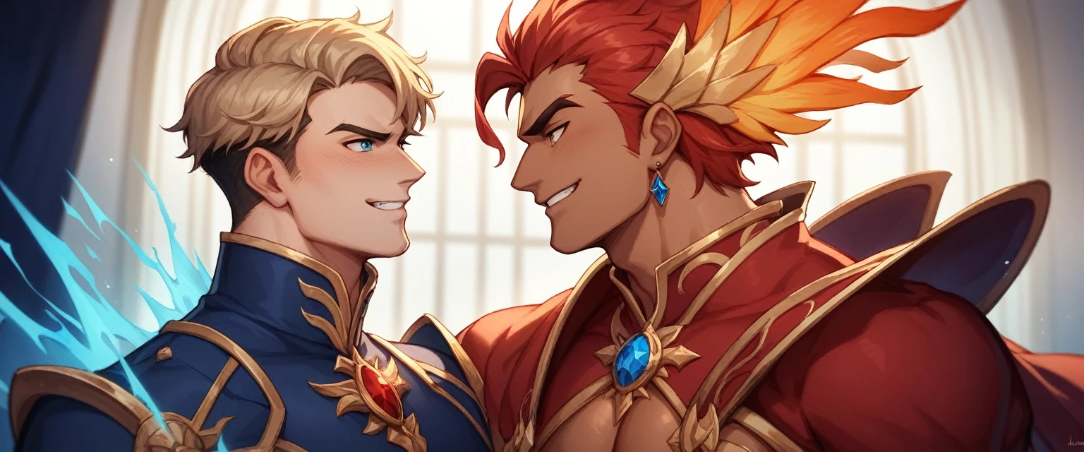 best quality, masterpiece, extremely detailed, 2boys, handsome smiling man with dark curtain bangs, he has dragon-inspired powerful clothes and accessories, he exudes a magical water aura, looks directly at another handsome scowling tanned man, he has phoenix-inspired elegant clothes and accessories, he exudes a magical fire aura, side view, gay, homoerotic, romantic atmosphere, ambient lighting, extremely dramatic shadows, perfection, no watermark, no logo, no signature