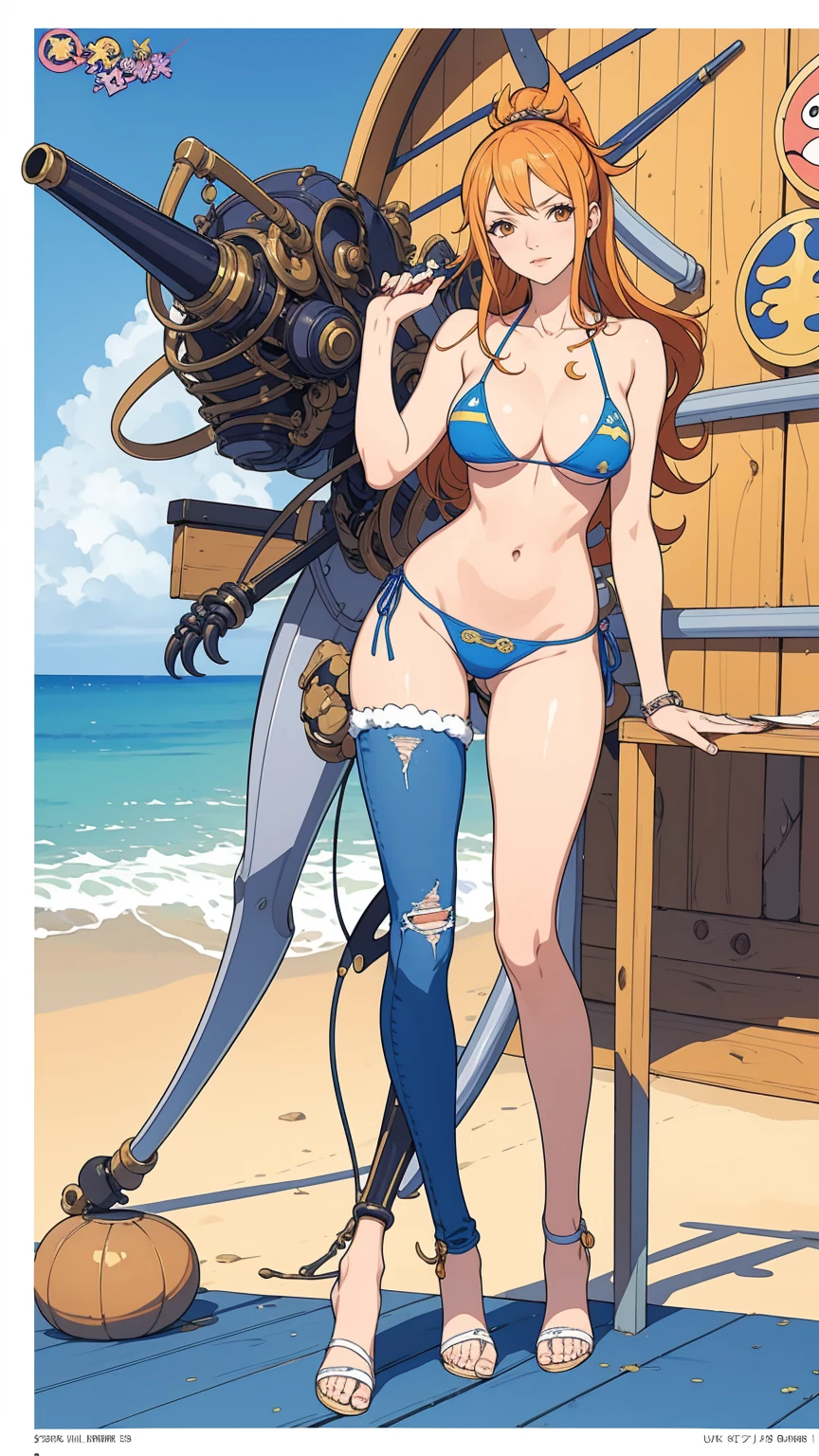 (masterpiece, Highest quality),Browsing Caution,Cartoon photo of a woman in a bikini top and jeans, Anime drawings inspired by Masamune Shirow, Pixiv, Self-sastructing art, Enchanting anime girl, Nami One Piece, Biomechanical , Nami from One Piece, Pixiv 3dcg, , I also make fan art, top rated on Pixiv, high leg ultra micro bikini:1.9,full body:1.8,