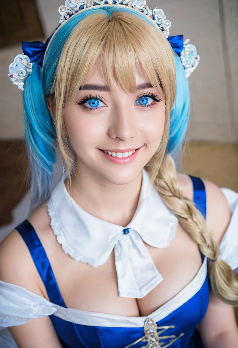 best quality, masterpiece, iamyoung18, 1girl, solo, looking at viewer, cosplay, blue eyes, smile