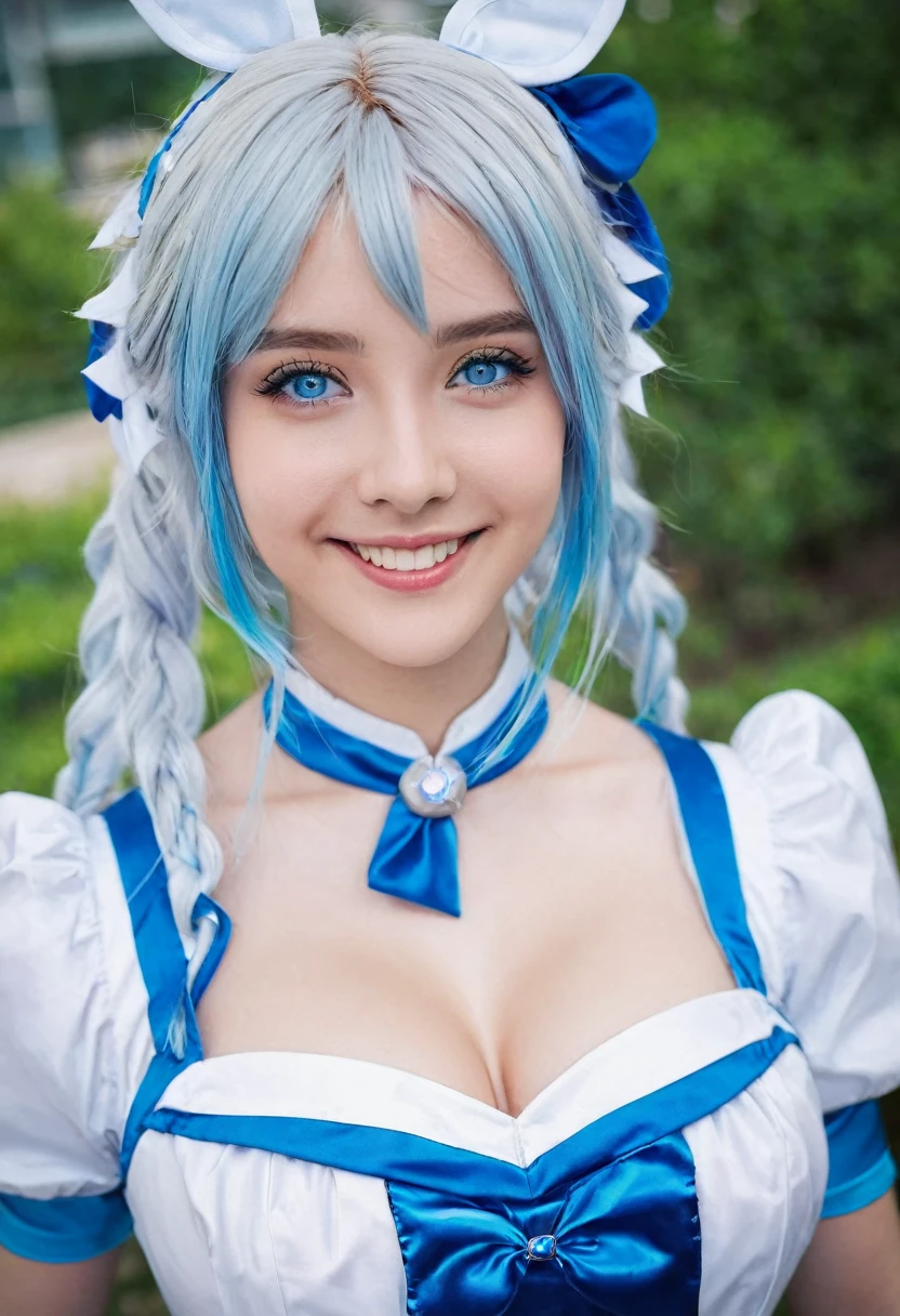 best quality, masterpiece, iamyoung18, 1girl, solo, looking at viewer, cosplay, blue eyes, smile 