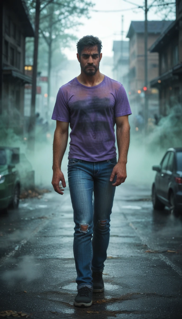 (zPDXL2), score_9_up, source_anime, 2D, flat color, BREAK 1boy, solo, fullbody, (stub, athletic body), short messy black hair, brown eyes, (pale skin, drug addict, tired face), (walking, look to camera, centered pose), (deep purple color thick fog, deep purple mist around character, mystery atmosphere:1.5), (dirt t-shirt, jeans, green jacket), heavy atmosphere, BREAK AissistXLv2, unaestheticXL_bp5, SimplePositiveXLv2, zPDXL2 PonyXLV6_Scores