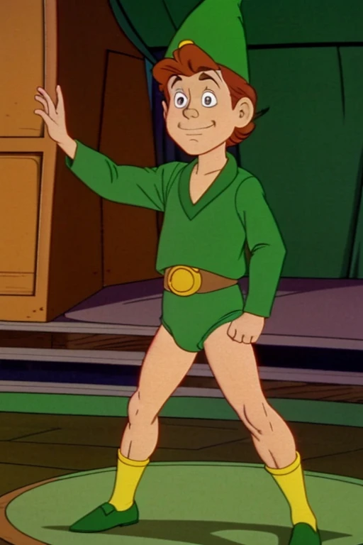 a redhead cartoon character, ((He wears a green underwear and a wizard hat)), a young male wizard, 1980s cartoon, animated episode still, Presto (((mad)))