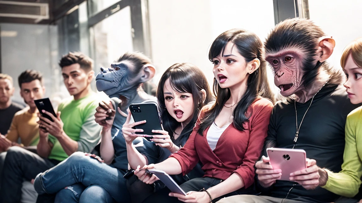 A scene of a monkey, an alien, and a large group of humans, male and female, enjoying social media with their smartphones. While looking at the phones, a variety of emotions are expressed, including an angry monkey, an alien making money, and a gasping person. The background is pure white.