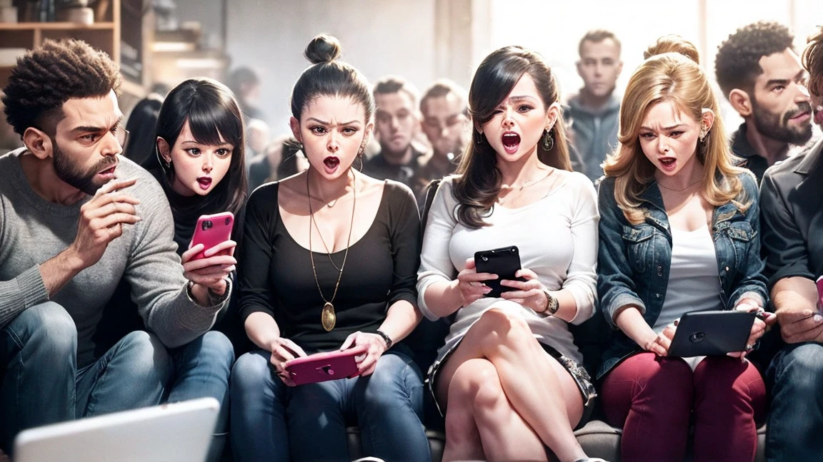 A scene of a monkey, an alien, and a large group of humans, male and female, enjoying social media with their smartphones. While looking at the phones, a variety of emotions are expressed, including an angry monkey, an alien making money, and a gasping person. The background is pure white.
