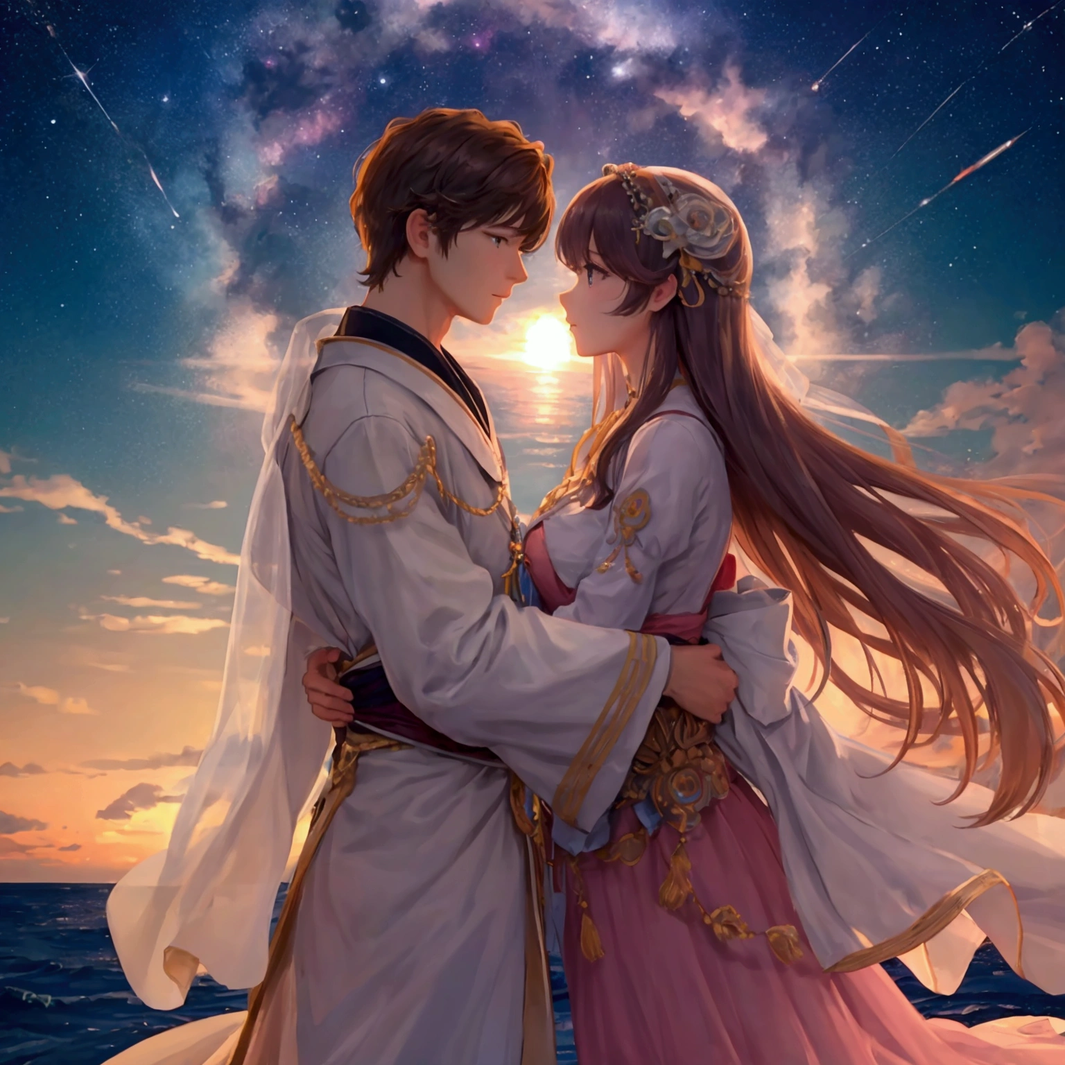 High resolution, masterpiece, Highest quality, Focus: 135mm, Gazing at each other、Men and women、Couple、Under the stars、The sea of Yoron Island、sunset