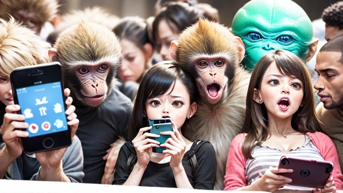 A scene of a monkey, an alien, and a large group of humans, male and female, enjoying social media with their smartphones. While looking at the phones, a variety of emotions are expressed, including an angry monkey, an alien making money, and a gasping person. The background is pure white.