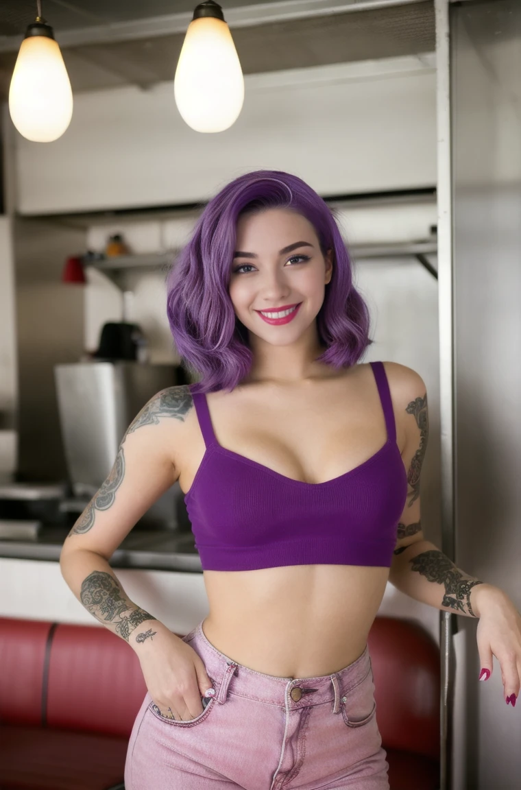 street photography photo of a young woman model with purple hair, smile, happy, hot model, most beautiful face, better body parts details and lighting, sexy fuger, full body view,cute tattoos on her arms, standing in a 50s diner, wearing a crop top  view